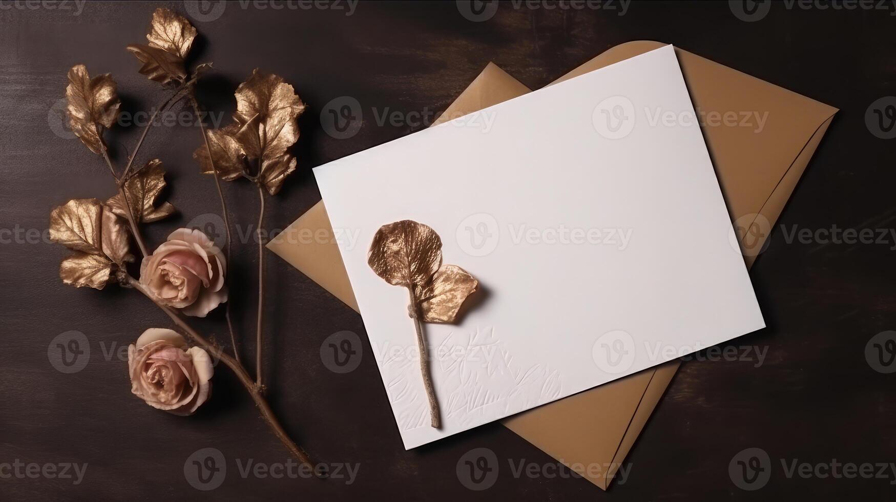 Top View of Blank White Paper with Beautiful Rose Flower, Golden Leaves on Brown Wooden Texture Background for Love or Wedding Card Design. . photo