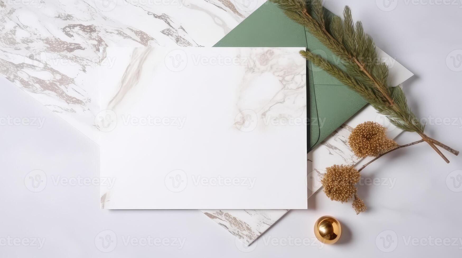 Top View of Blank White Card with Fir Flower Branch, Pearl on Background and Placement for Business or Wedding, Spring Card Design. . photo