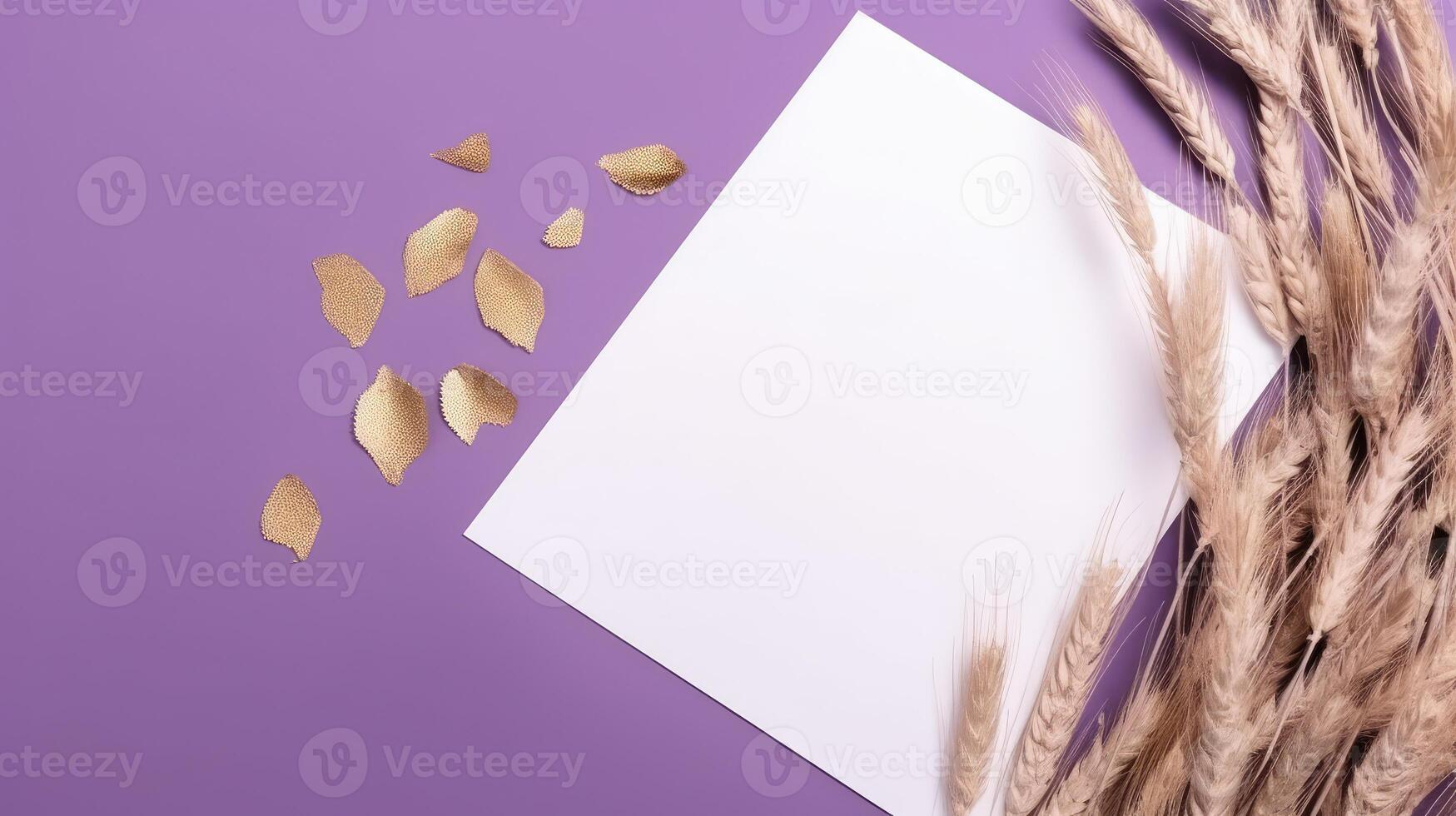 Top View of Blank White Paper with Dried Wheat on Purple Background and Placement. Vintage Delicate Business or Wedding Card Design. . photo