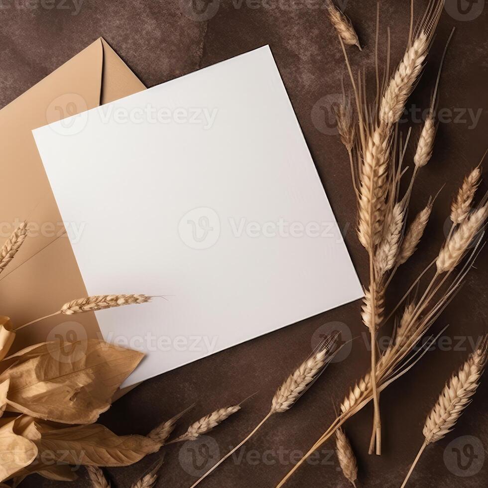 Top View of Blank White Paper with Golden Wheat, Leaves on Brown Texture Background and Placement. Vintage Delicate Business or Wedding Card Design. . photo