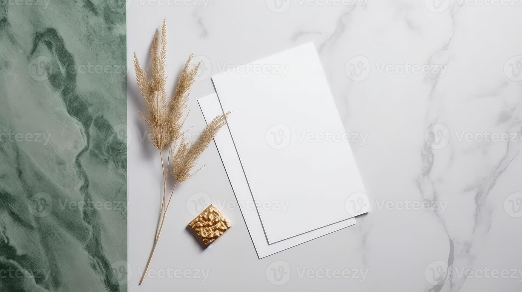 Top View of Blank Papers with Reed Branch on White and Green Marble Background for Spring or Wedding, Business Card Design. . photo