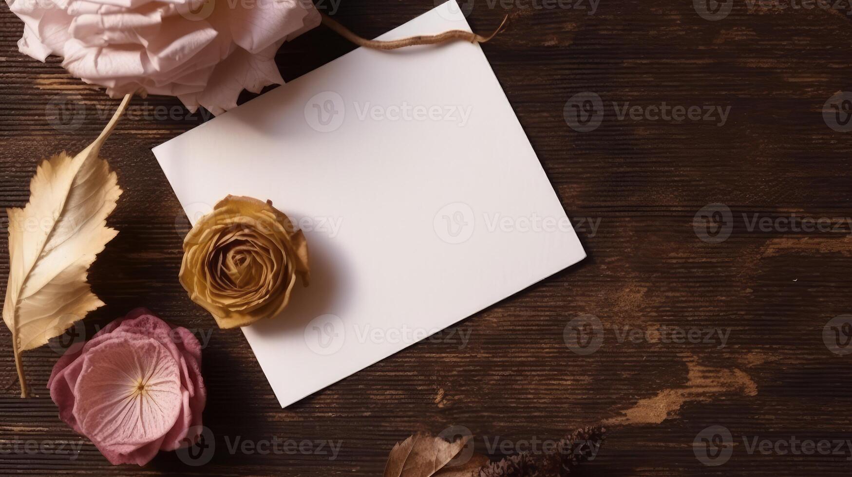 Top View of Blank White Paper with Beautiful Flowers, Leaves on Brown Wooden Texture Background. Love or Wedding Card Design. . photo