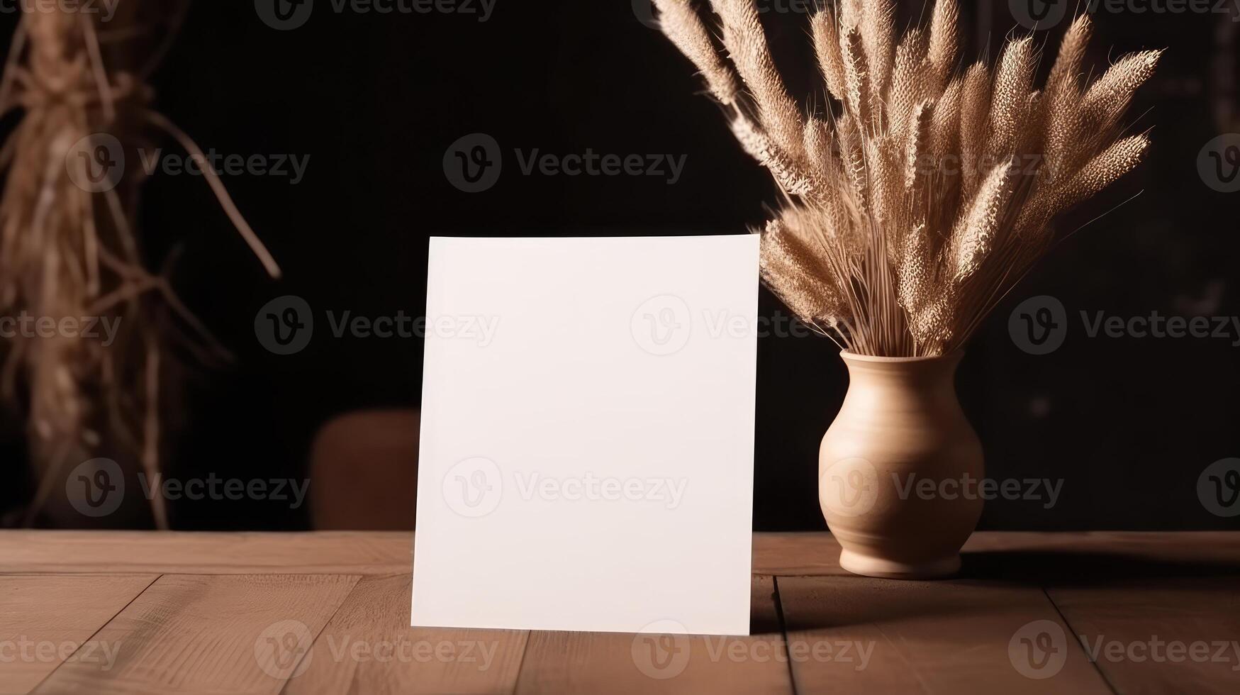 Blank White Invitation Card Mockup with Dried Pampas Grass Pot Decoration on Wooden Background. . photo