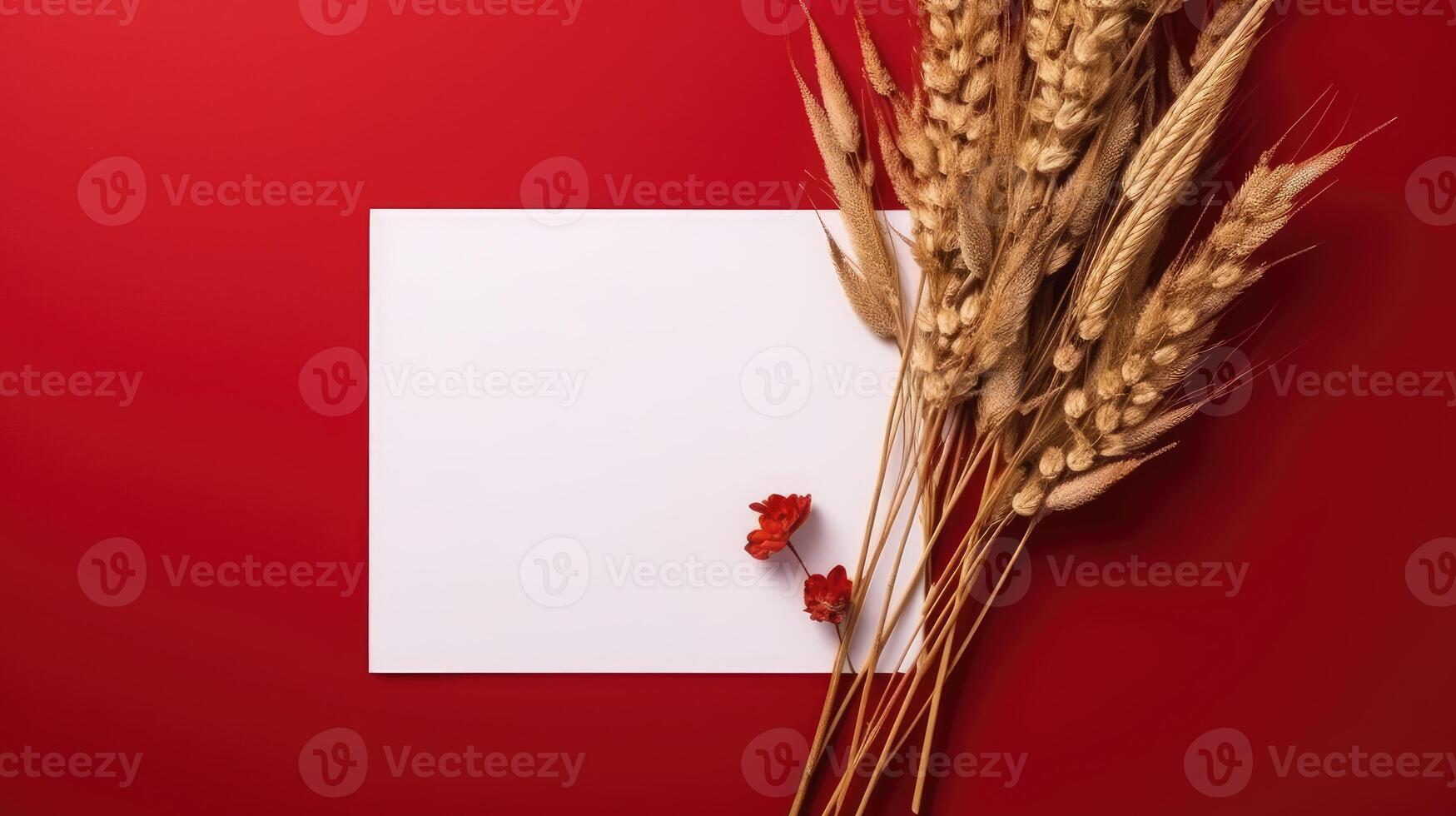 Top View of Blank White Paper with Golden Reeds Branch on Shiny Red Background and Placement. Vintage Delicate Business or Wedding Card Design. Generative AI. photo