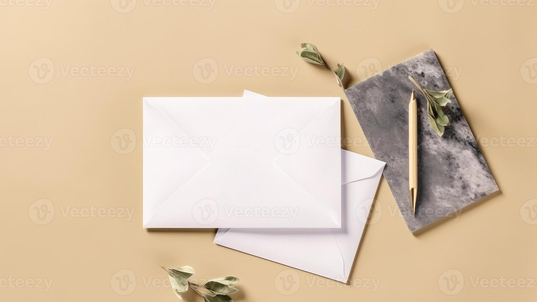 Top View of Vintage Delicate Greeting Card, Pen and Dry Green Leaves on Pastel Chrome Yellow Background And Copy Space. . photo