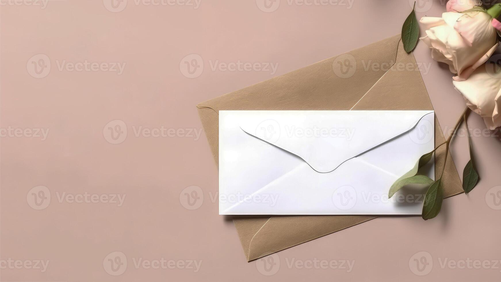 Top View of White And Brown Greeting Card Envelope, Beige Rose Flower on Background with Space for Your Message. . photo