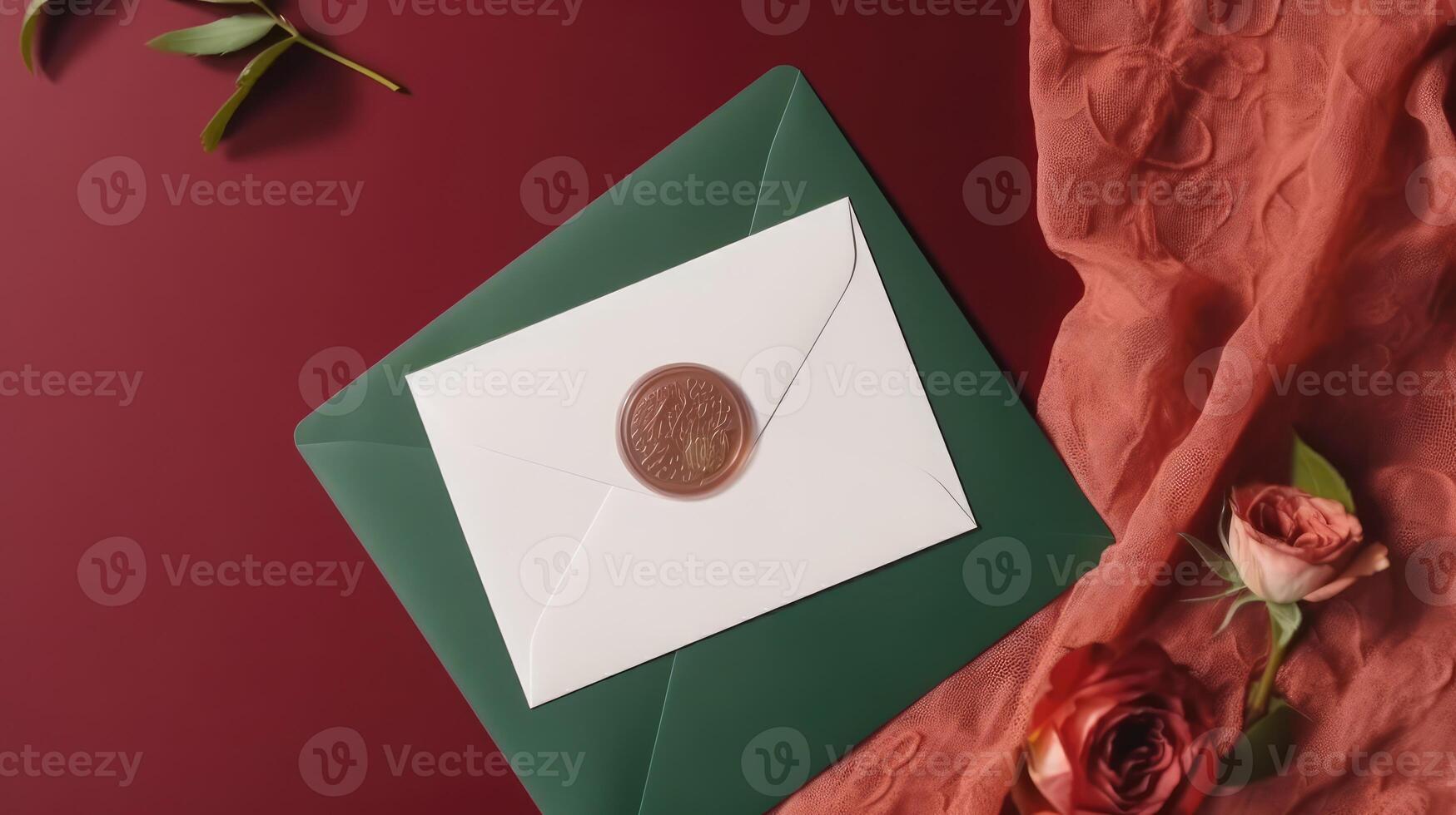 Top View of Beige Luxury Invitation Card with Felted Eucalyptus Leaves on Red Silk Background. Spring or Wedding Card Design. . photo