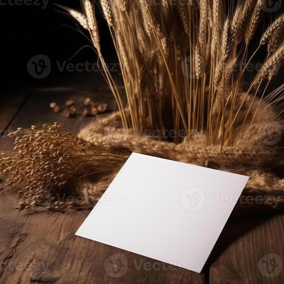 Blank White Invitation Card Mockup with Dried Grains Decorations on Wooden Background, . photo