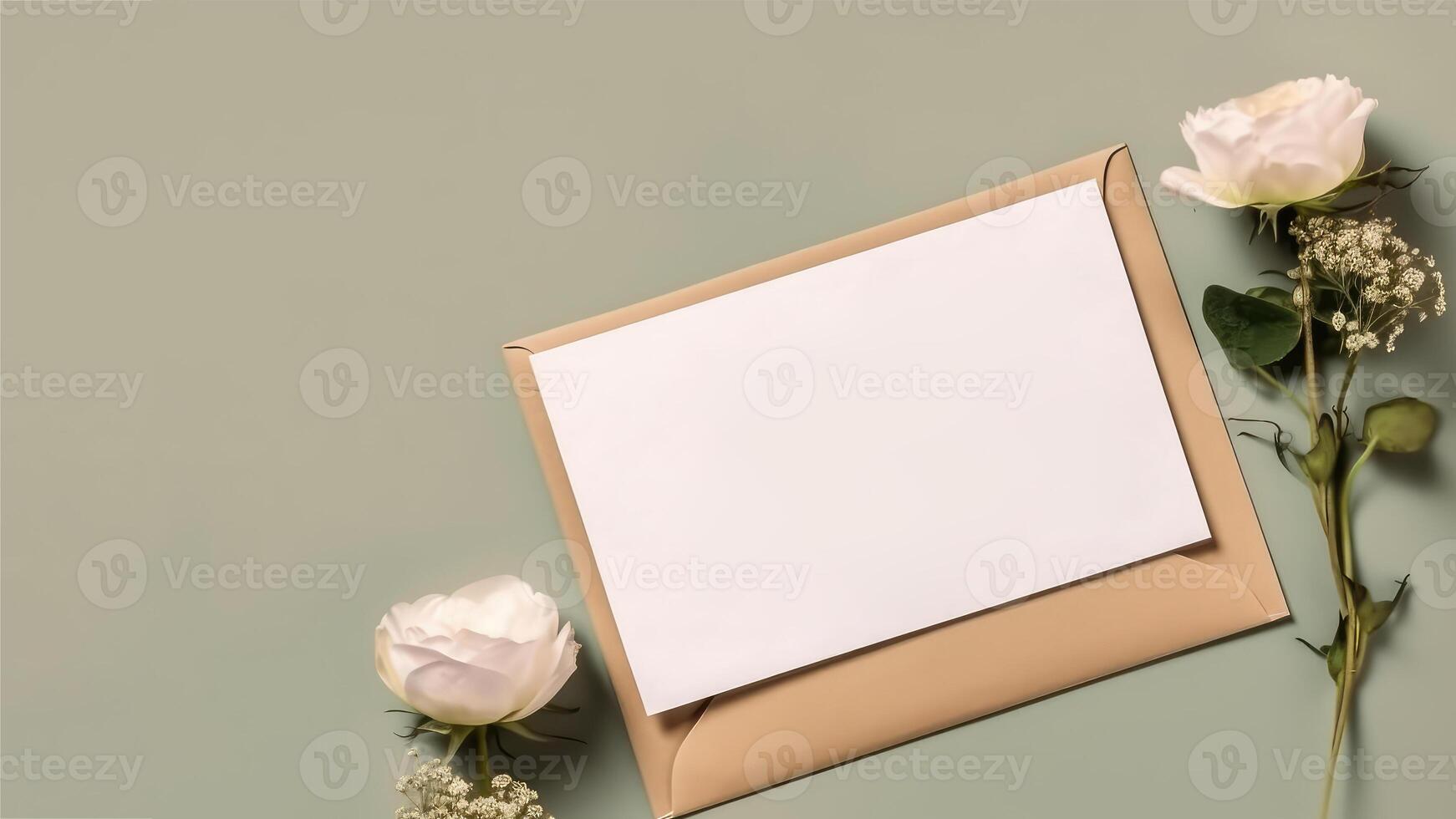 Top View of Blank Greeting Card with Beige Rose Flower on Pastel Olive Background and Space for Your Message. . photo