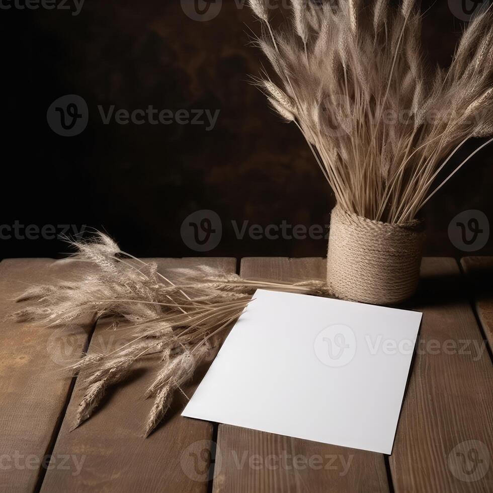 Blank White Invitation Card Mockup with Dried Pampas Grass Pot Decorations on Wooden Table. . photo