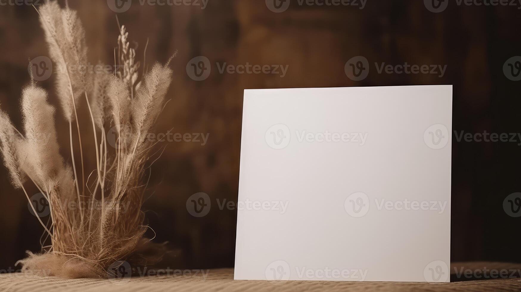 Blank White Invitation Card Mockup with Dried Pampas Grass Decoration on Brown Background. . photo