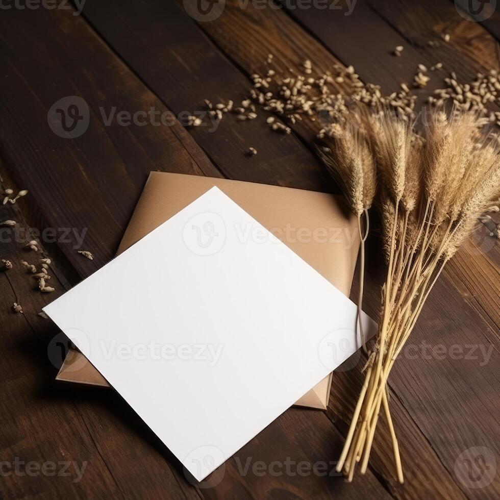 Blank White Invitation Card Mockup with Dried Pampas Grass Decoration on Wooden Background. . photo