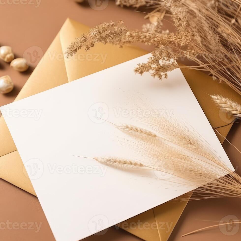 White Blank Invitation Card with Golden Floral Embossing Mockup, Pampas Grass. . photo