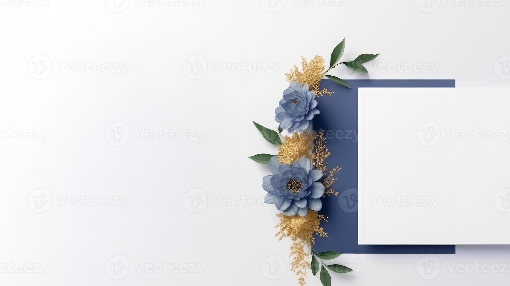 Top View of Blue and Golden Elegance Flower Delicate Paper for Spring, Wedding Card Design and Space for Your Message. Illustration. photo