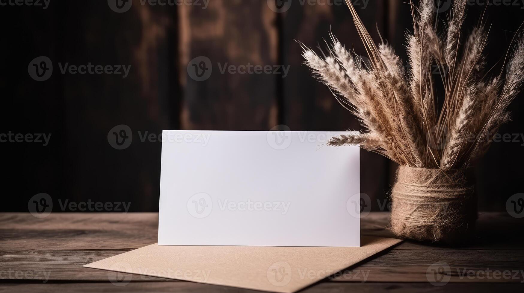 Blank White Invitation Card Mockup with Dried Wheat Grass Pot Decoration on Wooden Background. . photo