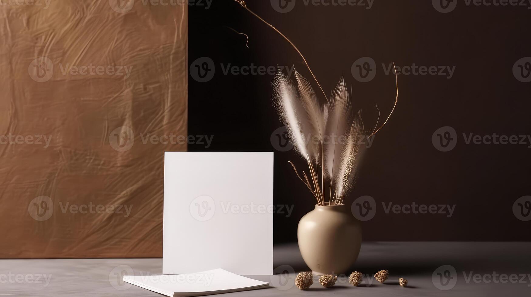Blank White Invitation Card Mockup with Dried Pampas Grass Pot Decoration. . photo