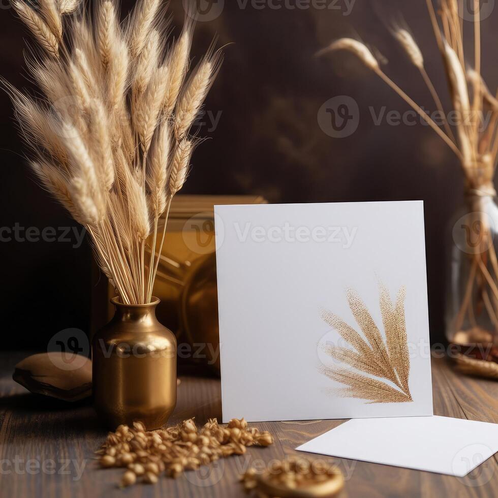 White Blank Invitation Card with Golden Floral Embossing Mockup, Dried Pampas Wheat Vase on Plank Texture. . photo