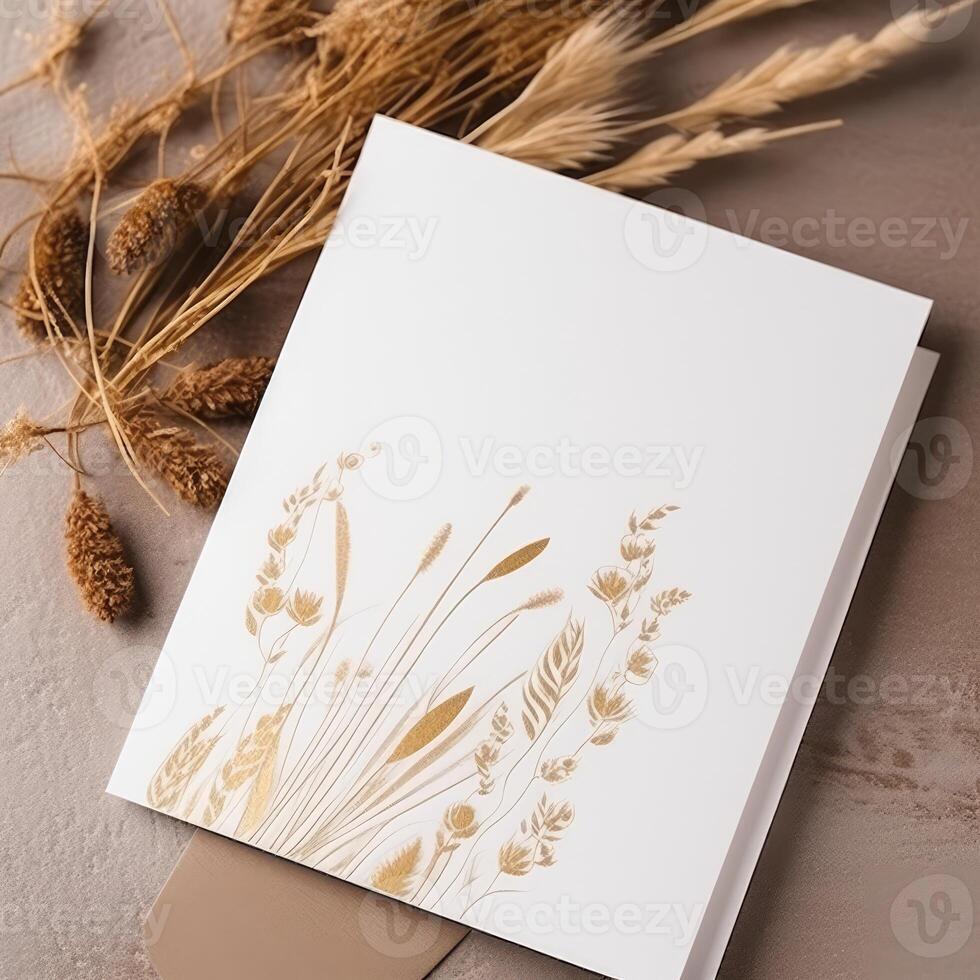 White Blank Invitation Card with Golden Floral Embossing Mockup, Pampas Grass. . photo