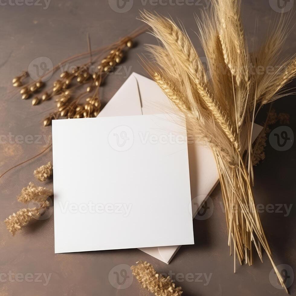 White Blank Invitation Card Mockup and Golden Dried Wheat Pampas Grass Decoration. . photo