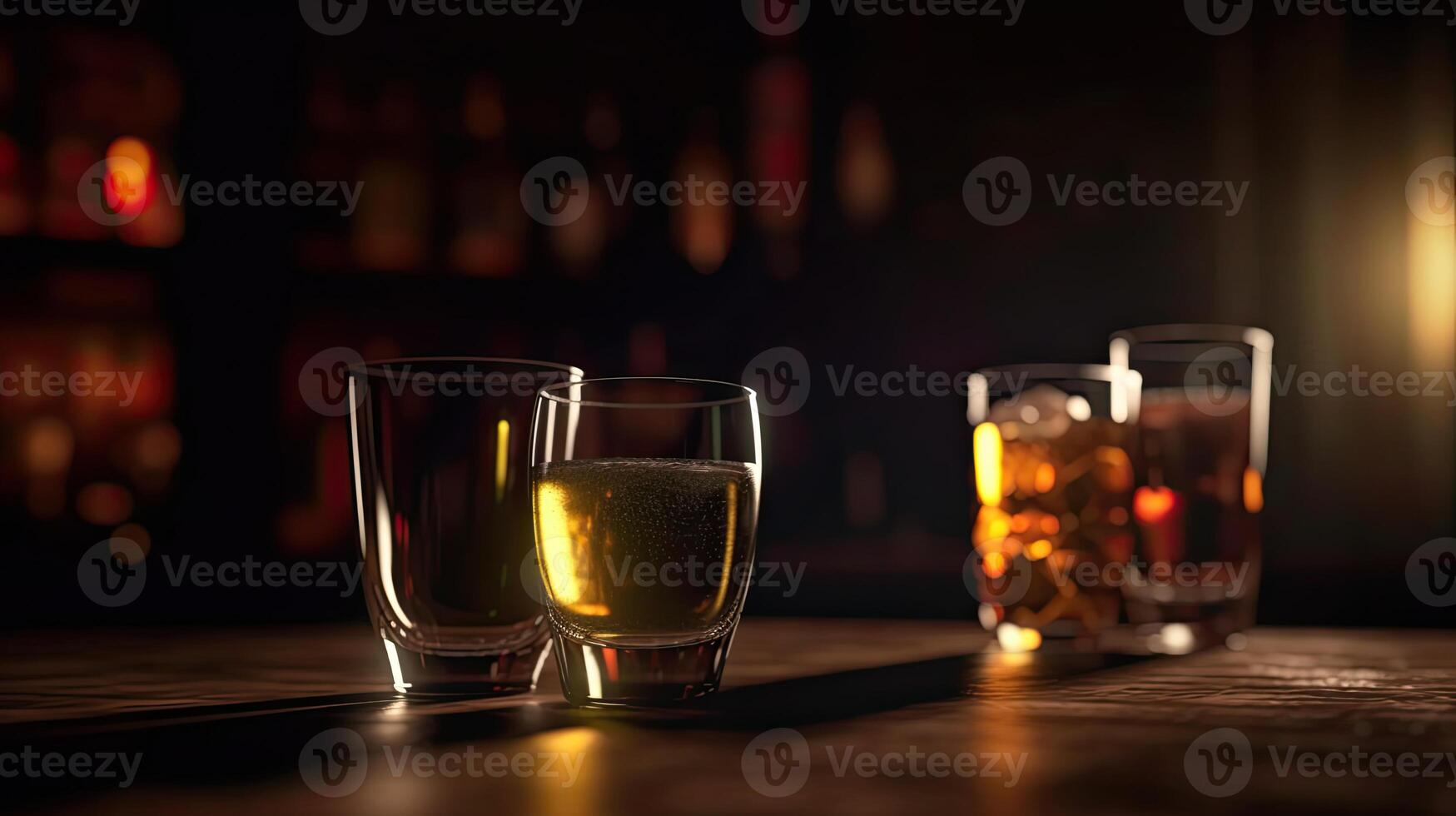 Cold Scotch, Whiskey Glasses on Dark Wooden Background. Technology. . photo