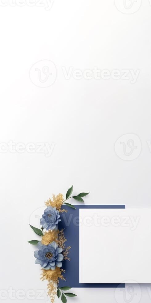 Top View of Blue and Golden Elegance Flower Delicate Paper for Spring, Wedding Card Design and Space for Your Message. Illustration. photo
