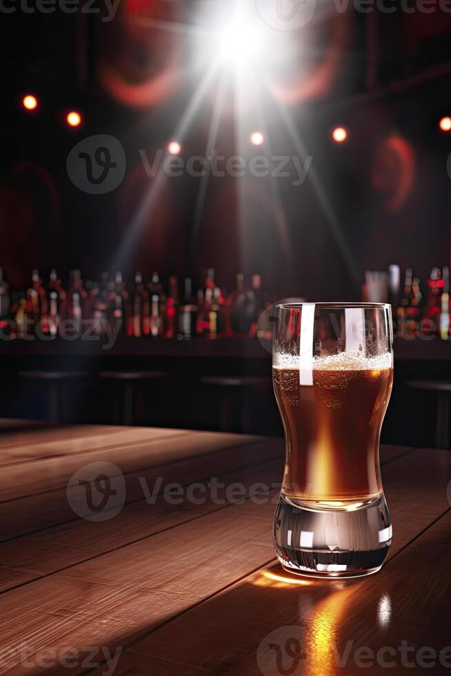 Focus Light Beams on Wooden Table with Cold Beer Glass. Blurred Interior of Pub at the Background. . photo