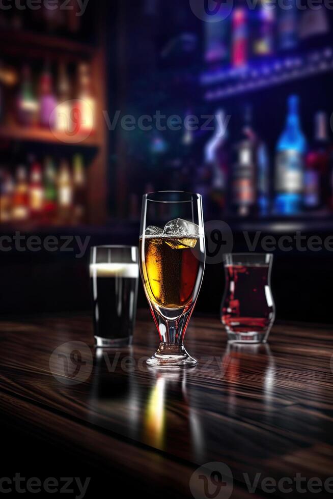 Tres tipos lentes de frío alcohólico en de madera mesa. borroso interior de pub a el antecedentes. generativo ai. foto