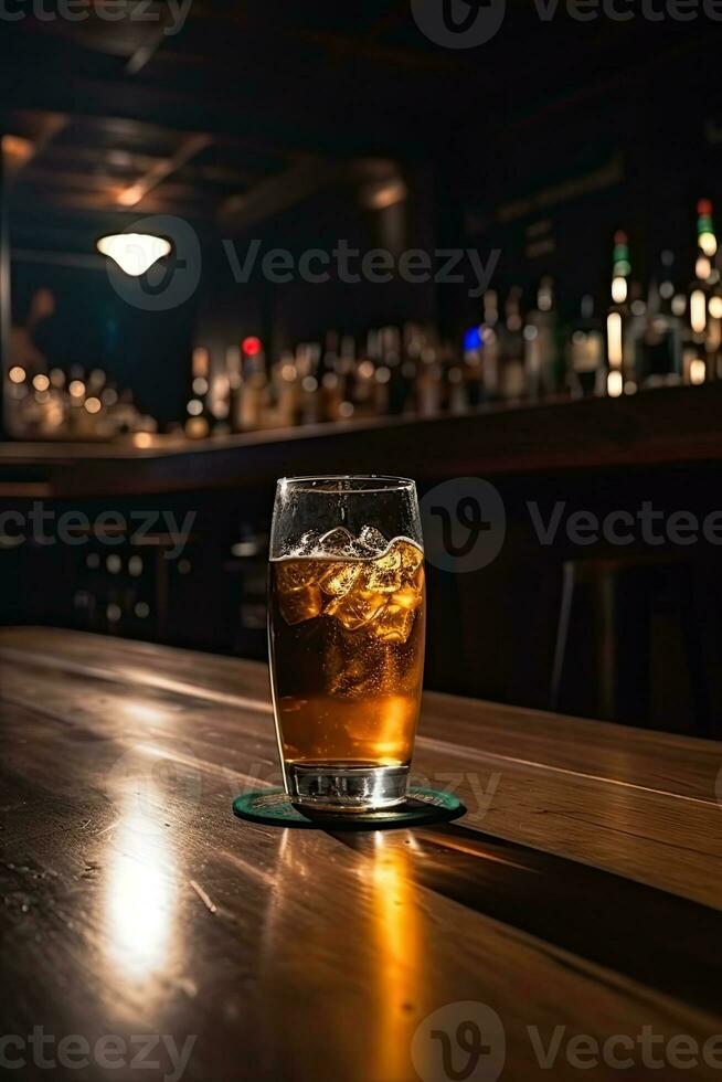 Ice Cubes in Beer or Whisky Glass with Condensation on Wooden Table. Blurred Interior of Pub at the Background. Generative AI. photo