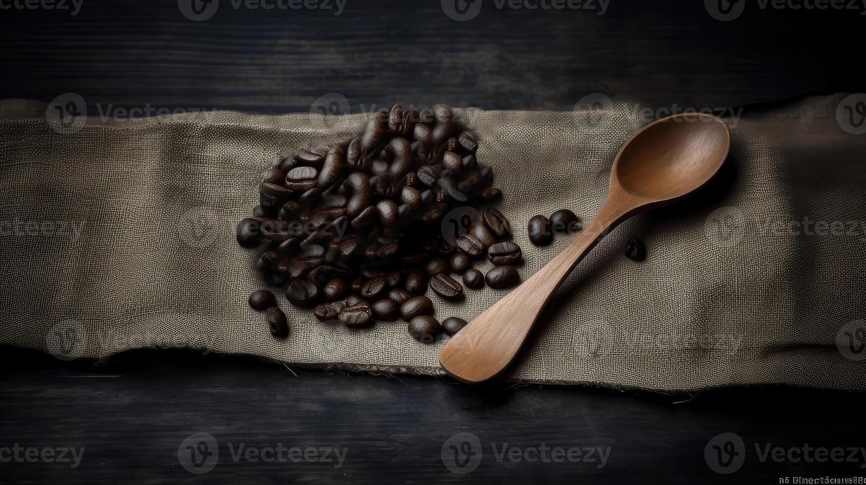Top View of Dark Brown Roast Coffee Beans on Hemp Strip and Wooden Background. . photo