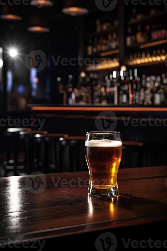 Cold Beer Glass on Wooden Table. Blurred Interior of Pub at the Background. . photo