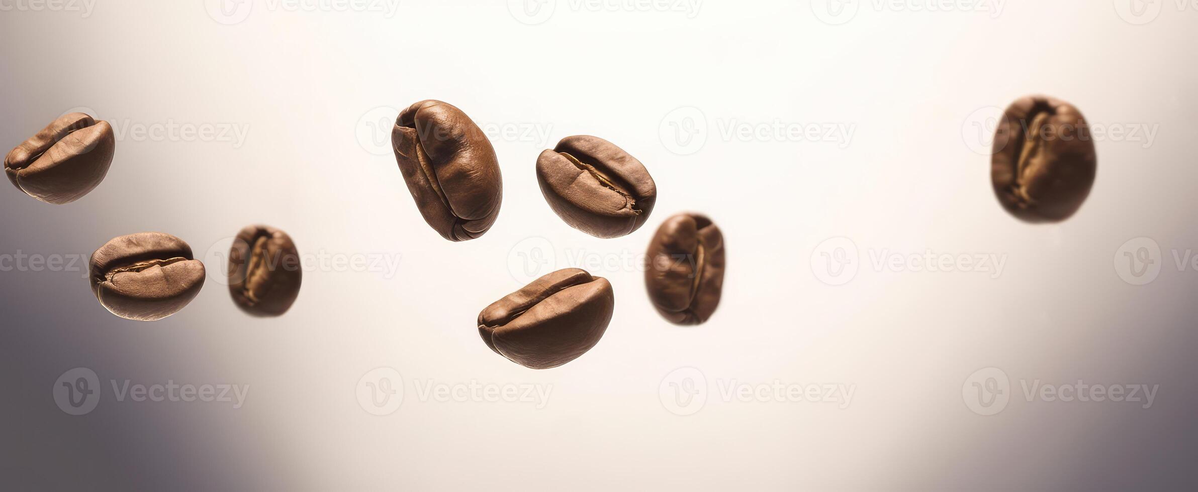 Closeup View of Dark Brown Roasted Coffee Beans Flying on Pastel Pink Background. . photo