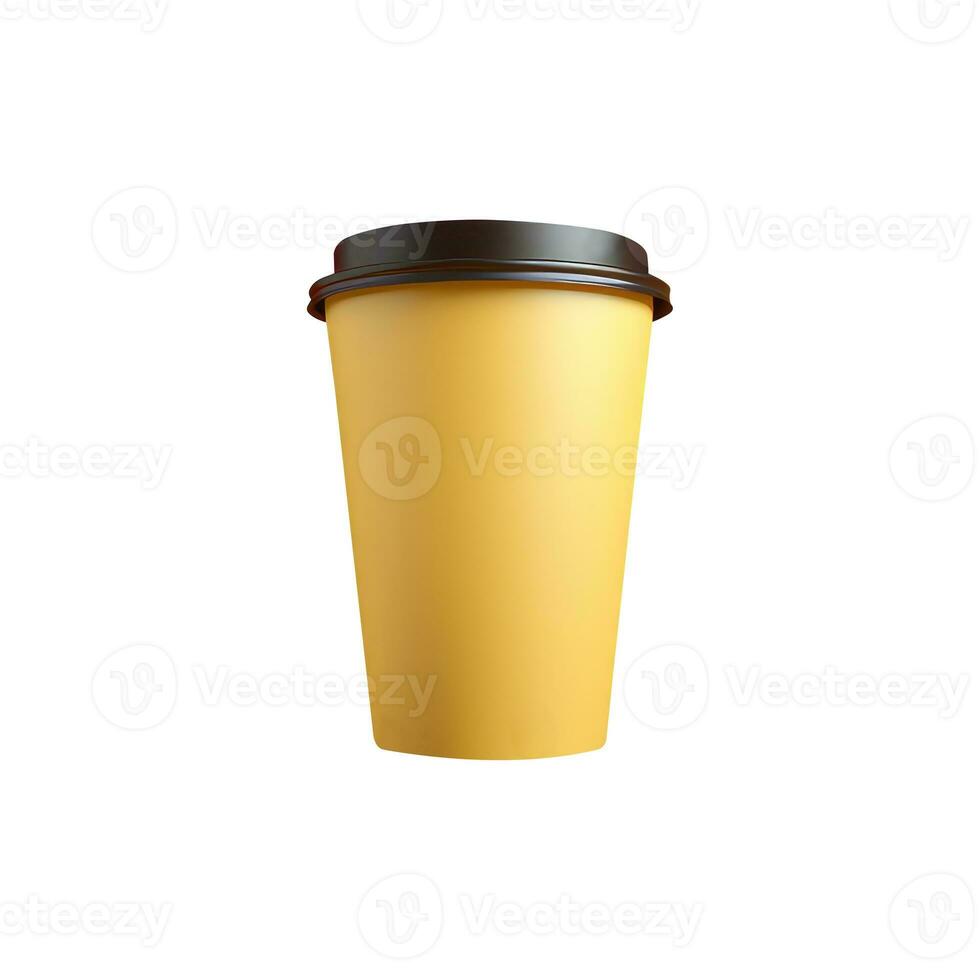 aislado amarillo papel taza con marrón tapa de bebida 3d icono. foto