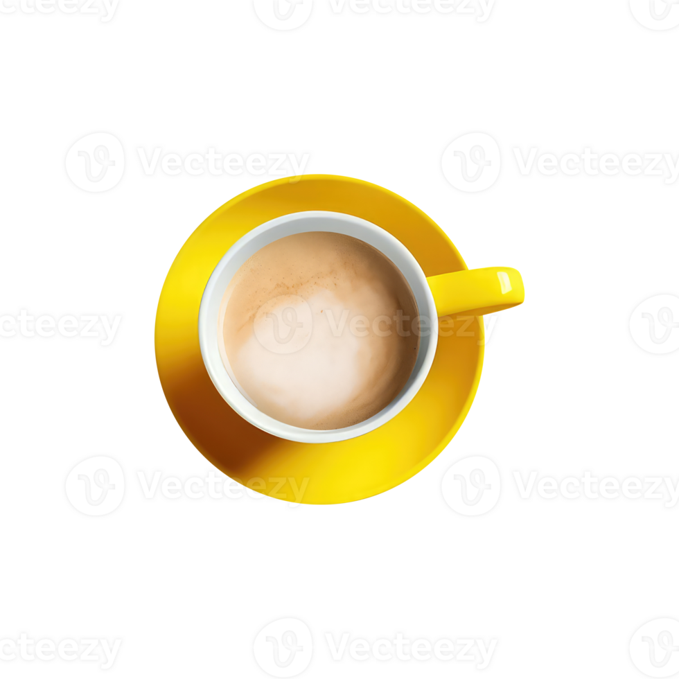 Overhead View of Milk Tea or Coffee Cup with Yellow Saucer 3D Icon on Transparent Background. png