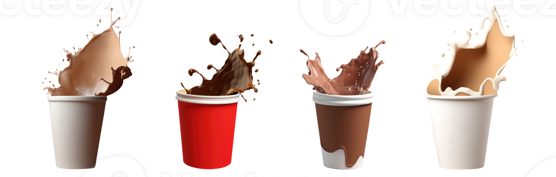 Set of Delicious Chocolate or Coffee Splashing Disposal Glass on Transparent Background. 3D Render. png