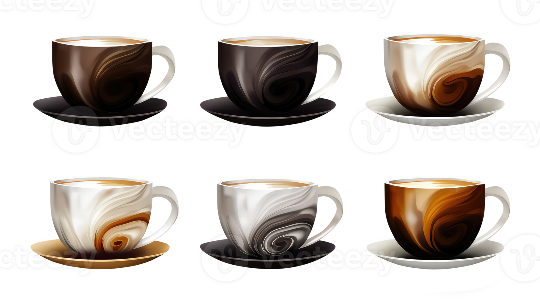 Coffee Cup Assortment with Different Print Collection Isolated on Transparent Background. 3D Render. png