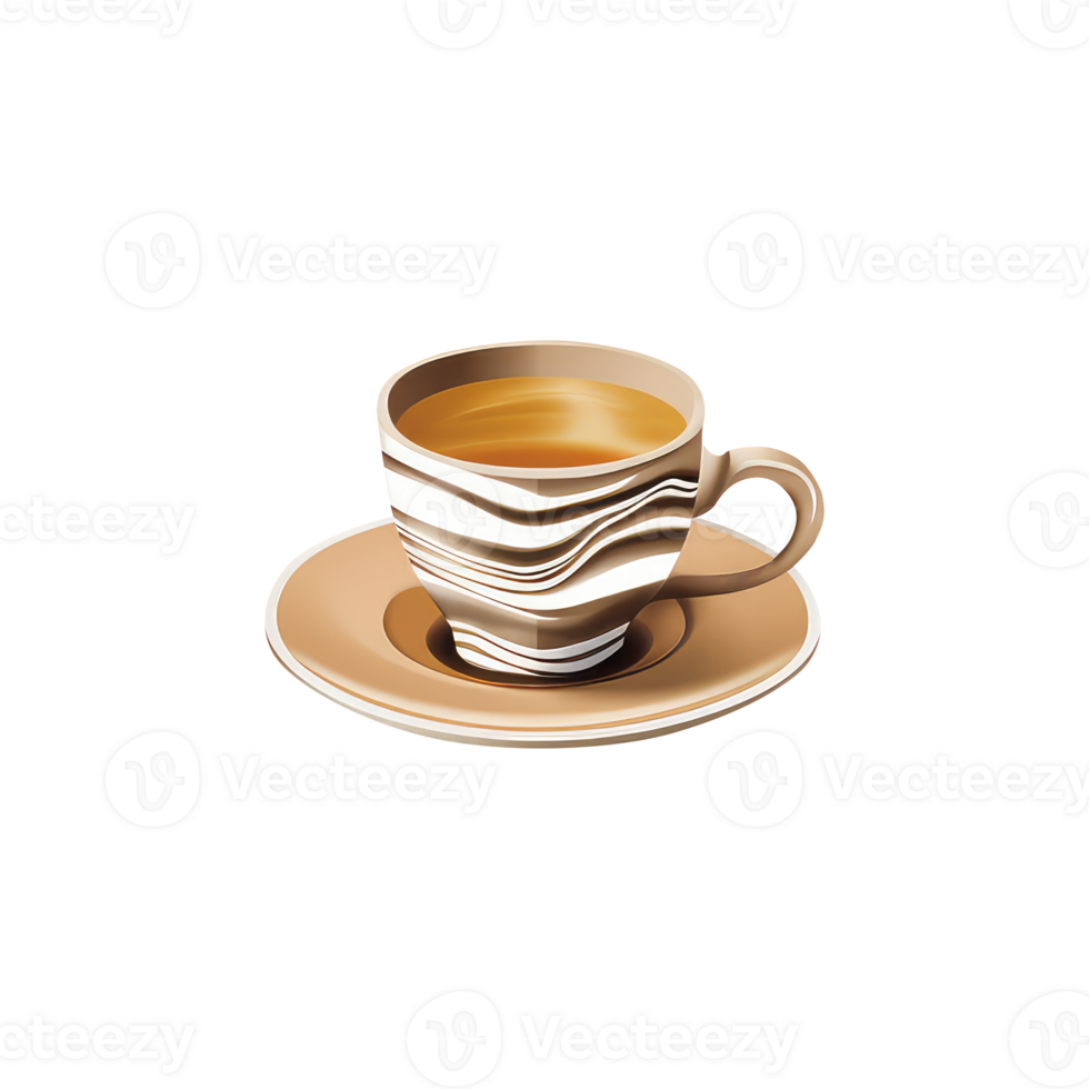 Isolated Brown and White Coffee or Tea Cup with Saucer 3D Icon on Transparent Backgorund. png