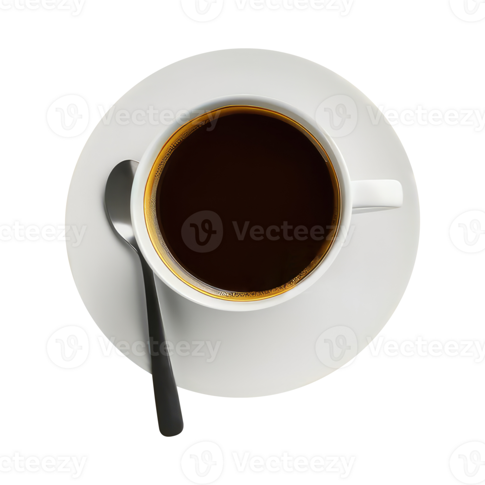 Overhead View of Black Tea or Coffee Cup with Spoon and White Saucer on Transparent Background. 3D Render. png