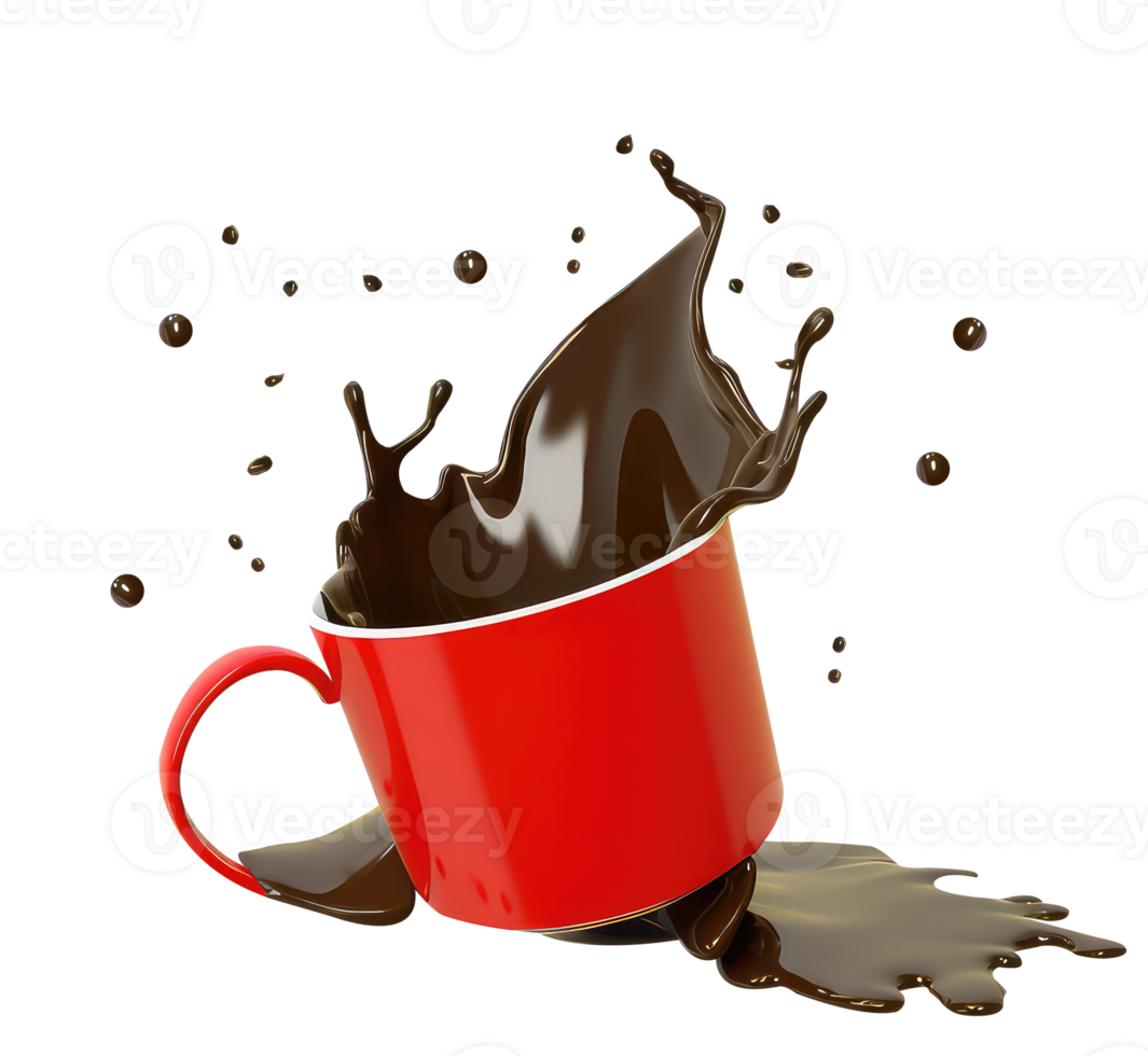 Splashing Milk Chocolate or Coffee from Red Cup 3D Icon. png