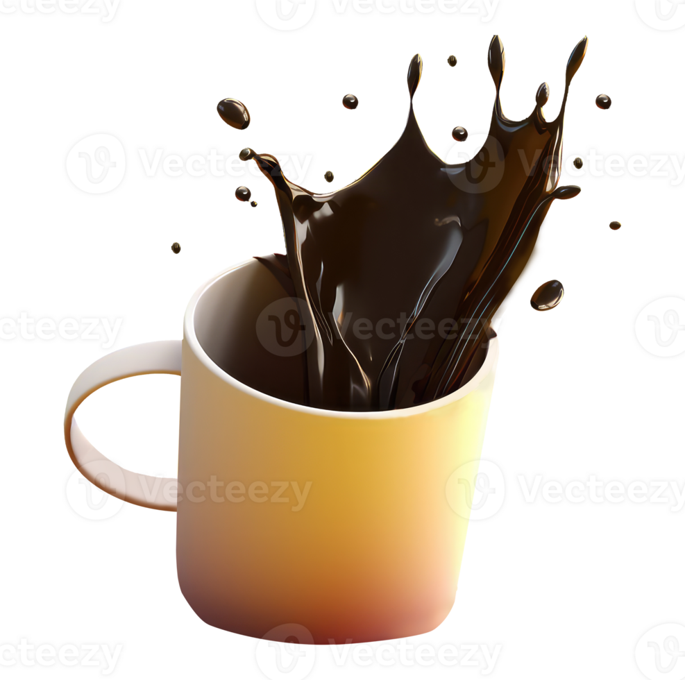 Splashing Milk Chocolate or Coffee from Yellow Cup 3D Icon. png