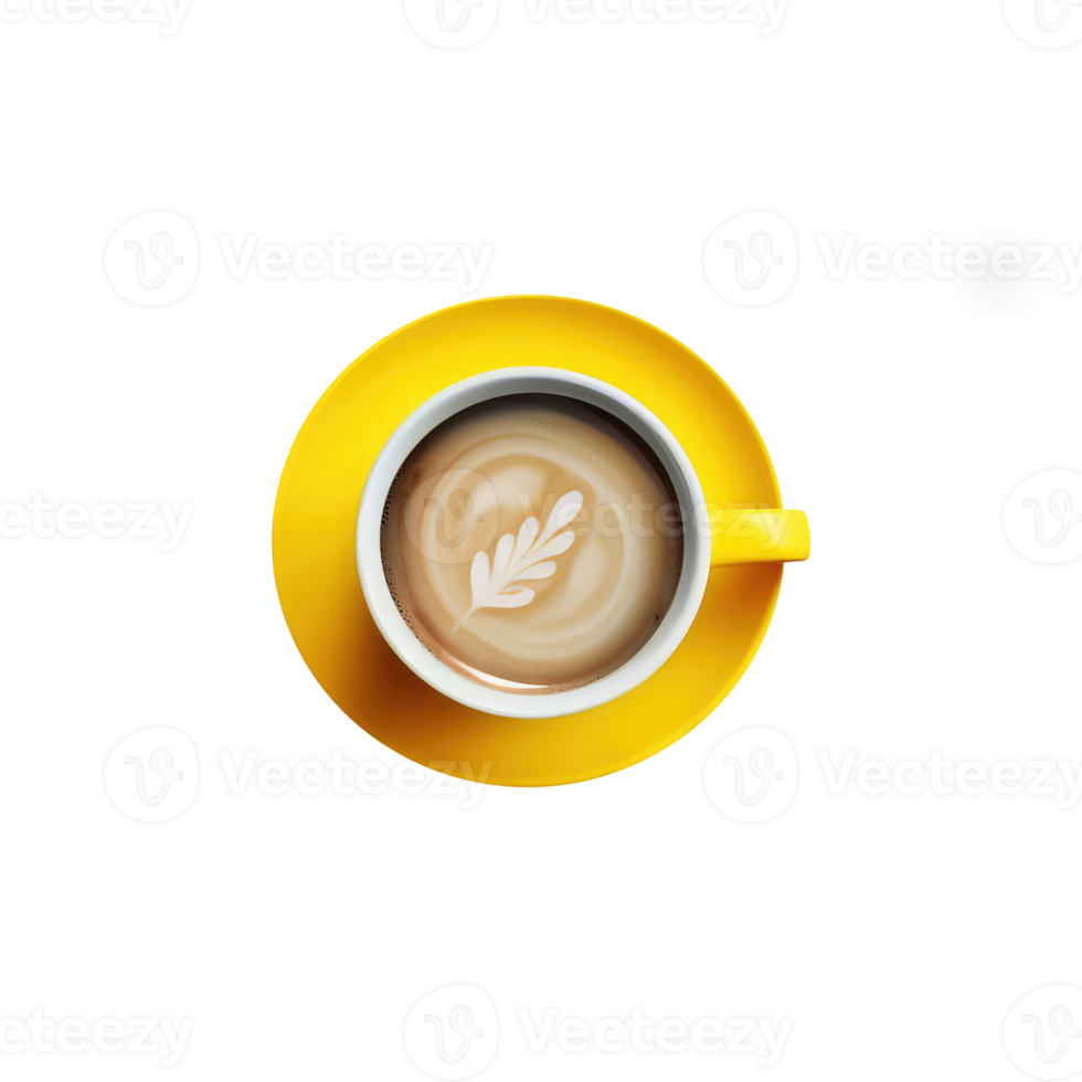Overhead View of Hot Coffee Cappuccino Cup With Leaf Milk Foam Isolated on Transparent Backgorund.  3D Render. png