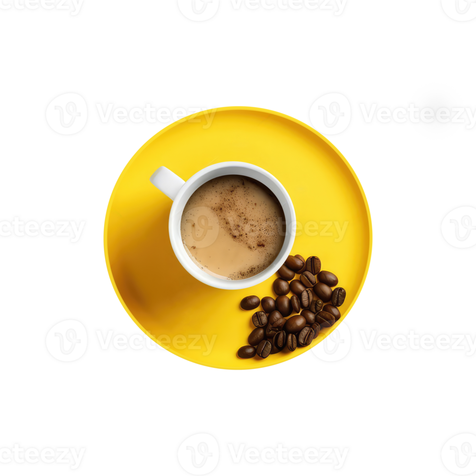 Overhead View of Hot Coffee Cup with Seeds at Yellow Saucer on Transparent Backgorund. 3D Render. png