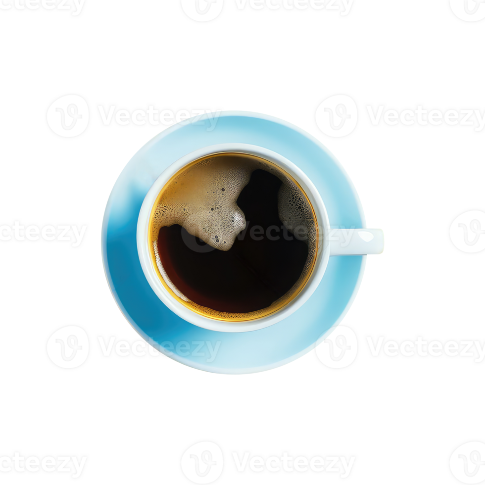 Overhead View of Black Tea or Coffee Cup with Blue Saucer on Transparent Background.  3D Render. png