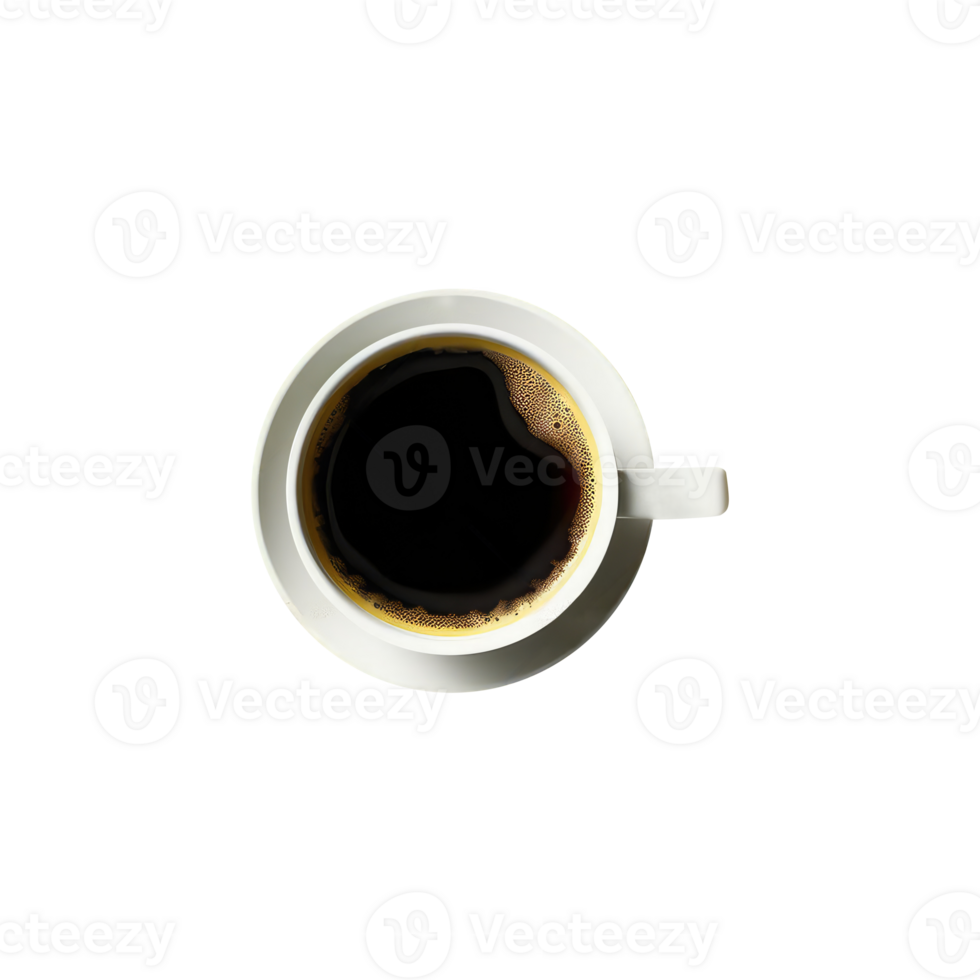Overhead View of Black Tea or Coffee Cup with White Saucer on Transparent Background. 3D Render. png