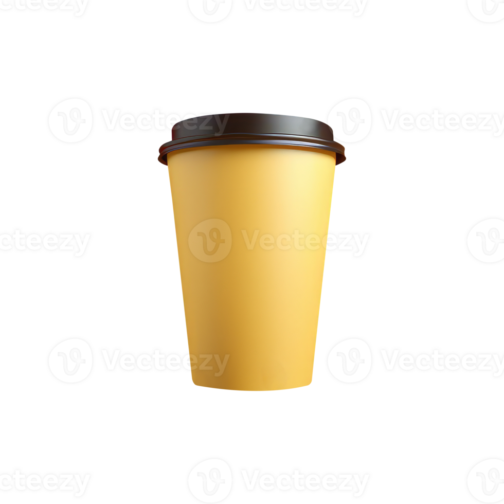 Isolated Yellow Paper Cup with Brown Lid of Drink 3D Icon on Transparent Background. png
