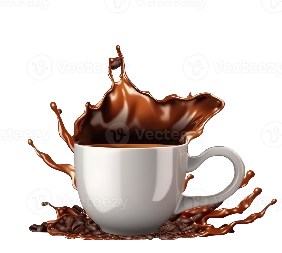 Isolated Delicious Coffee Splashing Cup and Seeds on Transparent Background. 3D Render. png