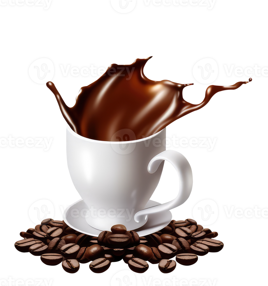 Isolated Delicious Coffee Splashing Cup and Seeds on Transparent Background. 3D Render. png
