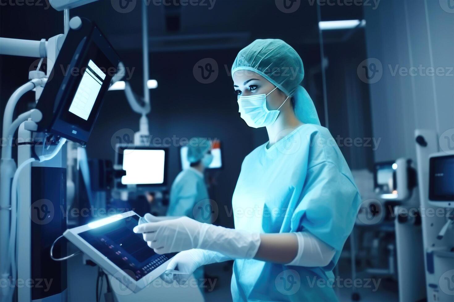 Portrait of Young Female Surgeon in Surgical Uniform at Operating Room. . photo