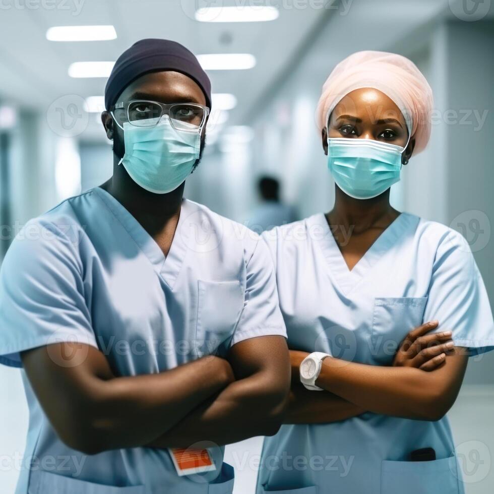 Portrait of African Male and Female Doctor Wearing Masks While Standing in the Hospital Hallway, . photo