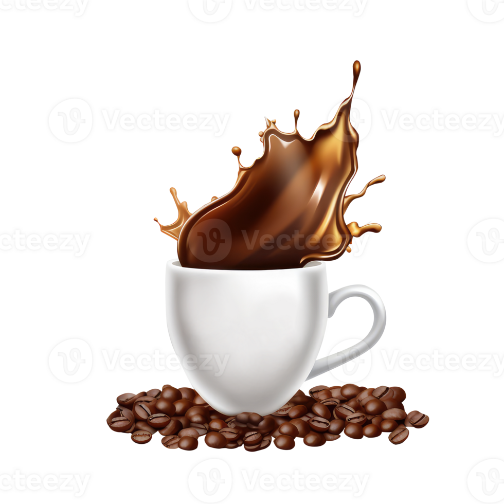 Isolated Delicious Coffee Splashing Cup and Seeds on Transparent Background. 3D Render. png