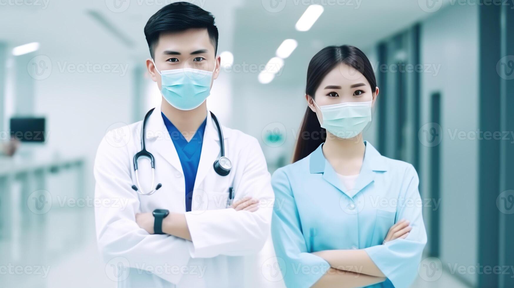 de cerca retrato de profesional medicos, asiático masculino y hembra vistiendo máscara mientras en pie en el hospital área, generativo ai. foto